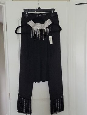 INC International Concepts Black Fringe-Trim Black Jeans With Rhinestone Top